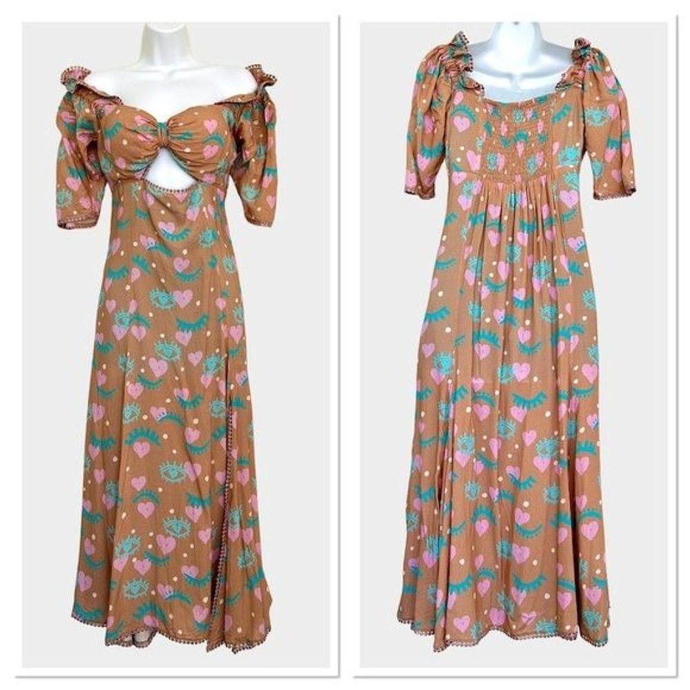 RAISSA Abstract print Cutout detail Ruffle sleeve Midi Dress in Bronze Sz S NWT